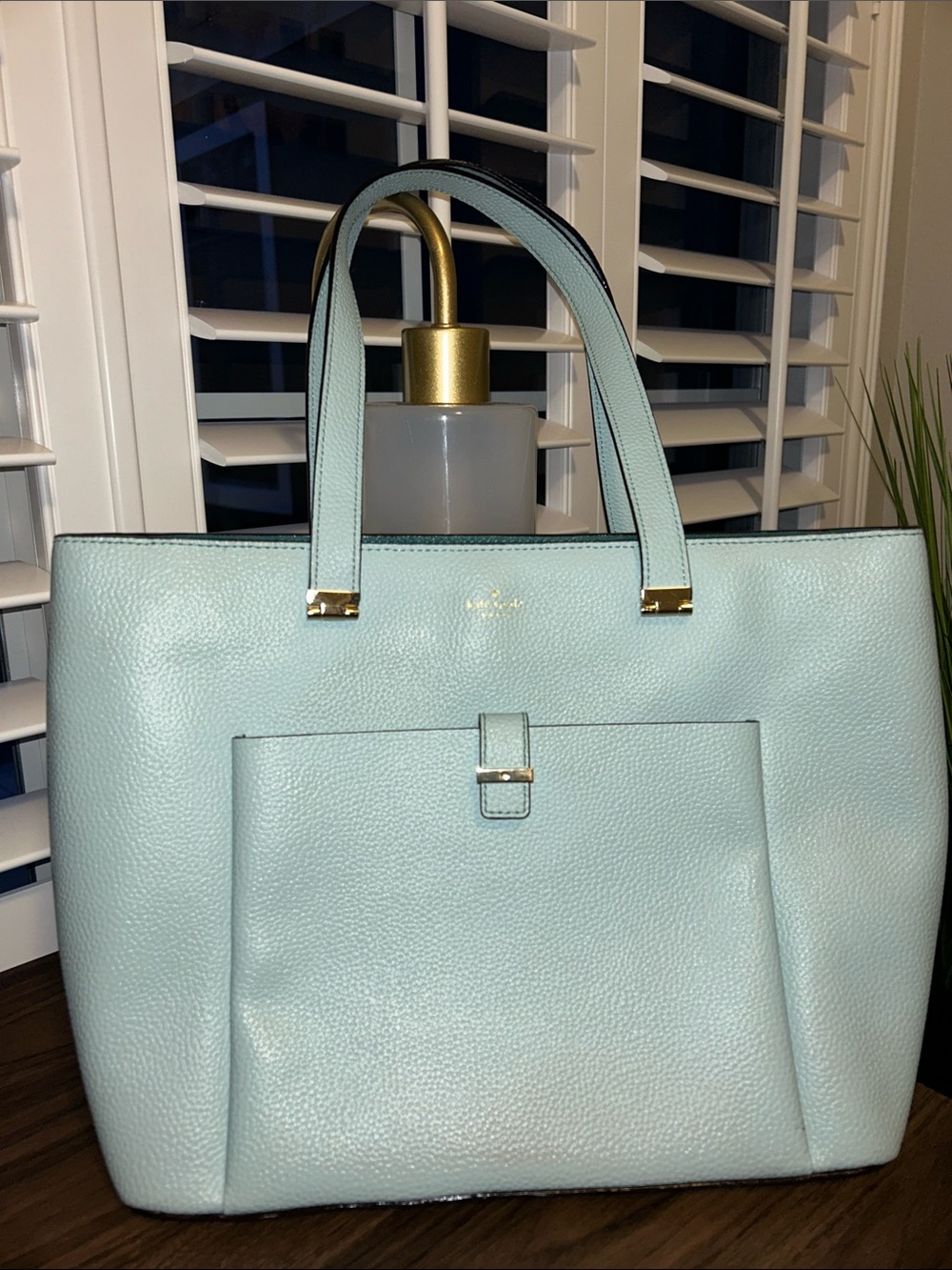 kate spade Mint Blue Pebbled Leather Tote with Front Pocket